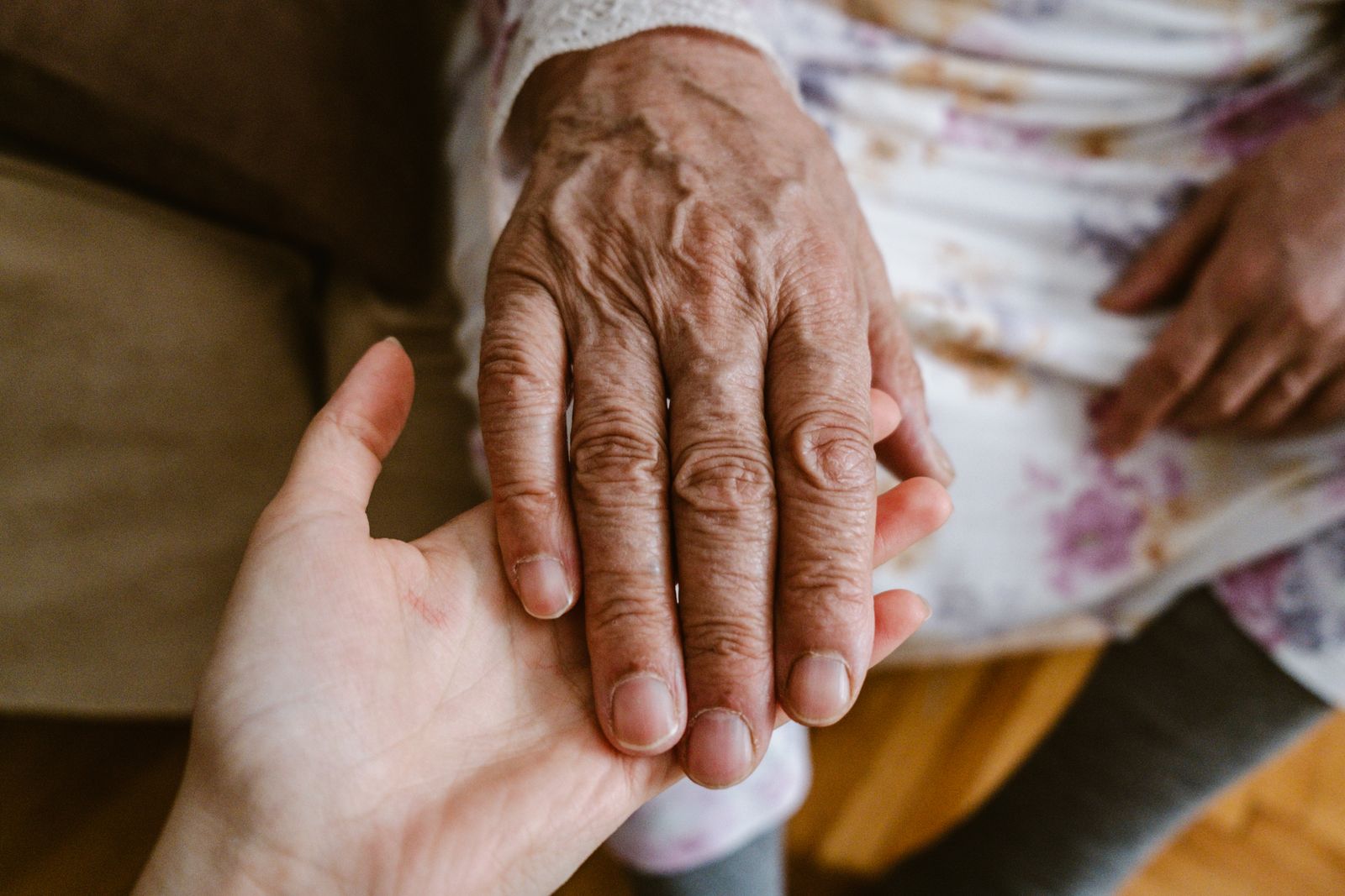 A younger hand gently holding the hand of an elderly person